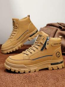男士高帮皮革牛仔靴，厚底防滑耐磨中筒圆头系带侧拉链踝靴，时尚户外登山靴，最大尺码 46，搭配夹克 - 卡其色 - 查看 5
