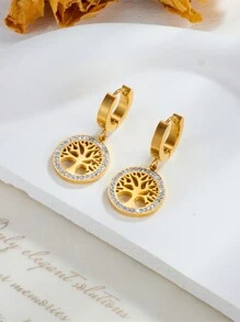 Stainless Steel Heart & Tree Of Life Rhinestone Pendant Necklace + Earrings Jewelry Set For Women, Suitable For Daily Wear, Gift - Yellow Gold - View 6