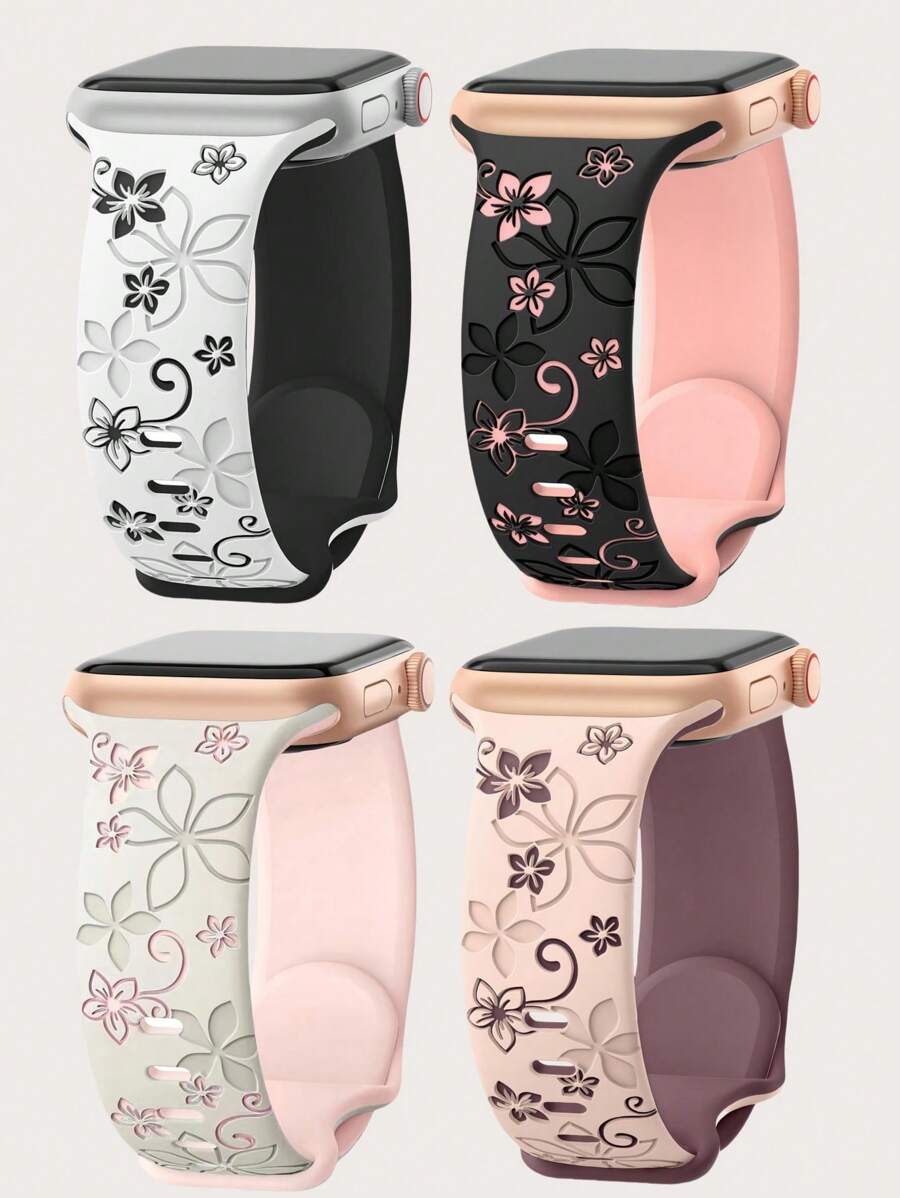 4件組雙色花卉雕刻錶帶，適用於Apple Watch 49mm 46mm 45mm 44mm 42mm 41mm 40mm 38mm，波西米亞風可愛紫色花朵矽膠錶帶，適合 Series Ultra 11 10 9 8 7 6 5 4 3 2 1 SE 男女款