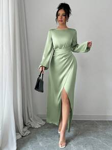Solid Color Elegant Long Bishop Sleeve Wrap Satin Dress, Suitable For Party, Date, Romantic, Gentle Occasions, New Arrival Women Clothing For Autumn/Winter - Green - View 5