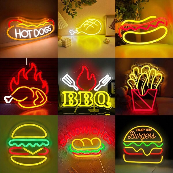Neon Sign - Hot Dog, Barbecue, Chicken Leg, Hamburger, Sandwich. Suitable For Restaurants, Fast Food Shops, Fried Chicken Stores, Pubs, And Barbecue Restaurants For Wall Decor. Also Can Be Used For Home Dining And Outdoor Barbecue Party Decoration. USB Powered, Low Voltage And Safe.