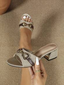 女士时尚高跟混色仙女风格拖鞋，圆头印花凉鞋，适合海滩休闲，露趾拖鞋，适合工作和通勤 - 彩色 - 查看 4