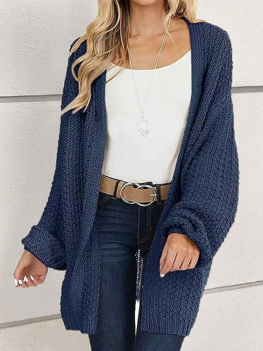 百搭简约纯色休闲宽松开衫 - 藍色 - 查看 1