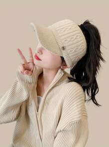 Aylhfo 1pc Autumn/Winter New Women's Elastic Knitted Ponytail Baseball Hat With Ear Protection Device Autumn/Winter Thick Windproof And Warm Knitted Hat Lightweight Sunshade Hat Women's Fashion Clothing Accessories