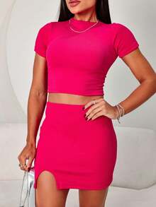 Kit With 2 Women's Cropped Sets And Skirt With Slit - ĐEN VÀ HỒNG - Xem 5