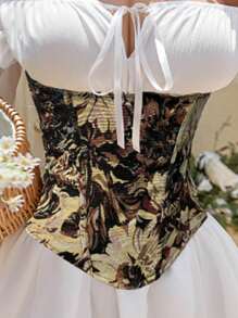Women Vintage Floral Waist Trainer, Cincher Corset Bustier Top With Back Tie, Suitable For New Year Party, Valentine's Day, Holiday Outfits