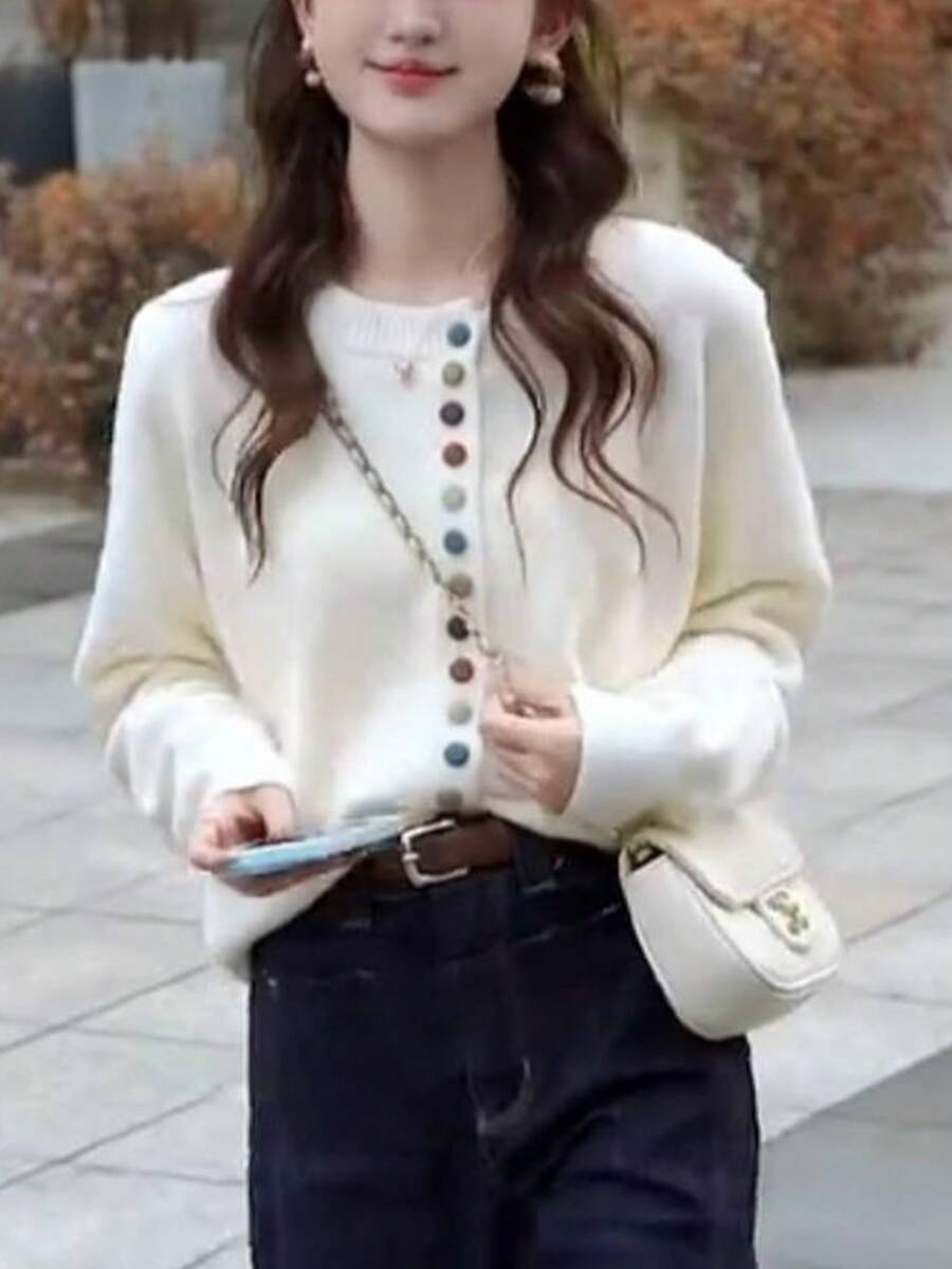 Áo len cardigan dáng ngắn thanh lịch nhẹ nhàng ấm áp phong cách Hàn Quốc thu/đông 2024 - trắng - Xem 1