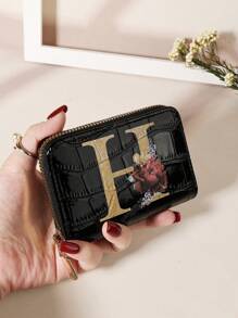 Cartera organizadora de tarjetas con cremallera alrededor, estampado de flores y hojas en acuarela, letras del alfabeto con relieve de piedra y estampado de cocodrilo, de múltiples capas, portátil y minimalista, ideal como regalo de aniversario, cumpleaños, para pareja, niña, mujer, para llevar a la escuela, universidad o como complemento de moda - Negro - Ver 24