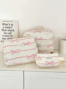 1 件条纹和蝴蝶结图案便携式旅行化妆包，化妆品收纳袋多功能储物袋手拿包带拉链封口适用于口红、唇油、化妆刷、护肤品、家庭小物品、旅行、度假和学校使用化妆包护肤包洗漱包收纳袋、旅行必需品宿舍必需品、婚礼伴娘礼物、妈妈礼物、生日礼物、送给朋友和老师的礼物珠宝收纳盒、化妆盒 - 彩色 - 查看 1