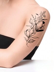 4 miếng dán hình xăm tạm thời hình cây hoa tối giản màu đen hình lưỡi liềm và bướm dành cho nam và nữ, phù hợp với cánh tay/vai/cổ/xương đòn/ngực/bụng/lưng - màu đen - Xem 3