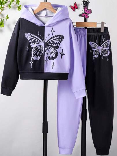 Tween Girl 春秋紫色蝴蝶图案连帽衫和运动裤套装，休闲风格