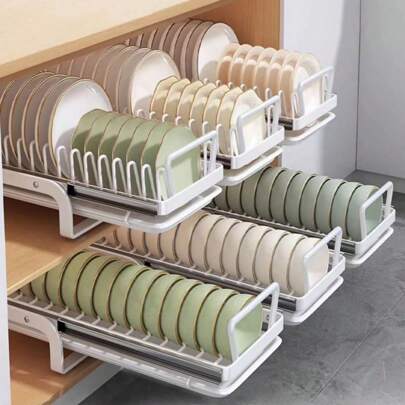 1 Pc Quiet Steel Bead Sliding Rail Drawer For Bowls & Plates, Kitchen Countertop Organizer Cabinet Dish Rack, Pull-Out Design For Convenience