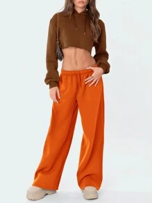 Women's Casual Joggers Sweatpants Solid Color Drawstring High Waist Wide Leg Trousers - Orange - View 4
