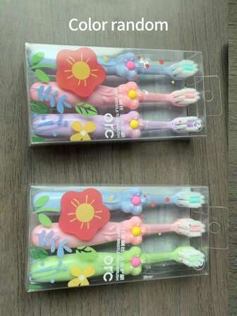 3pcs/Set Random Color Kids Manual Toothbrush 3-12 Years Old, Cute Floral Design Soft Bristle Baby Toothbrush For Cleaning