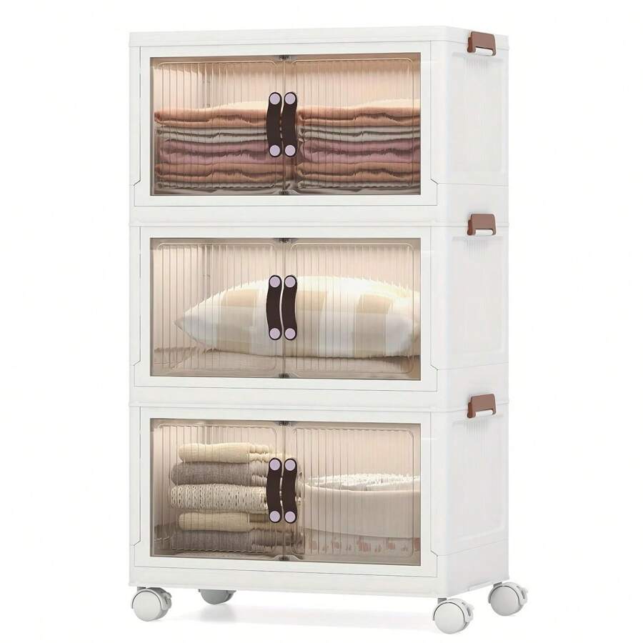 3 Tier Plastic Storage Bins With With Lids 26.5 Gal, Stackable Storage Containers With Wheels, Folding Storage Boxes, Collapsible Storage Bins, Closet Organizers And Storage For Living Room,Office,Dorm - Màu be - Xem 1