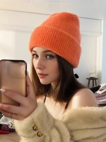 1顶冬季帽子，纯色可爱毛绒针织帽，柔软保暖滑雪帽，女士时尚翻边纯色骷髅针织帽，男女通用休闲抓绒帽