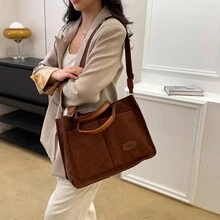 1 chiếc túi tote đi làm dung tích lớn dành cho phụ nữ, túi đeo vai vải nhung thời trang có dây đeo rộng, đeo chéo - màu đen - Xem 2