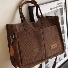 1 chiếc túi tote đi làm dung tích lớn dành cho phụ nữ, túi đeo vai vải nhung thời trang có dây đeo rộng, đeo chéo - màu đen - Xem 1