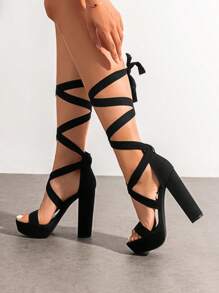 Women Minimalist Tie Leg Chunky Heeled Sandals, Fashion Faux Suede Sexy Open Toe Strappy Heeled Sandals For Party Wedding Prom  Summer Wearing - 黑色 - 查看 3