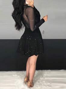 Glitter Sheer Mesh See Through Contrast Lace Long Sleeve Mini Dress Deep V Neck A Line Dresses - Black - View 4