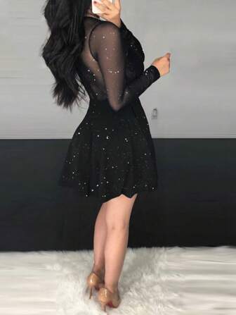 Glitter Sheer Mesh See Through Contrast Lace Long Sleeve Mini Dress Deep V Neck A Line Dresses