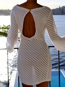 女士钩针连衣裙长袖针织镂空露背派对俱乐部街头装夏季