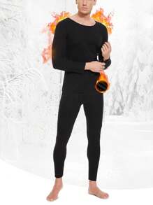 Men's Solid Color Thermal Underwear Set, Inner Fleece Thermal Underwear Ultra Light Top Bottom Long Sleeved Underwear Winter Skiing Underwear