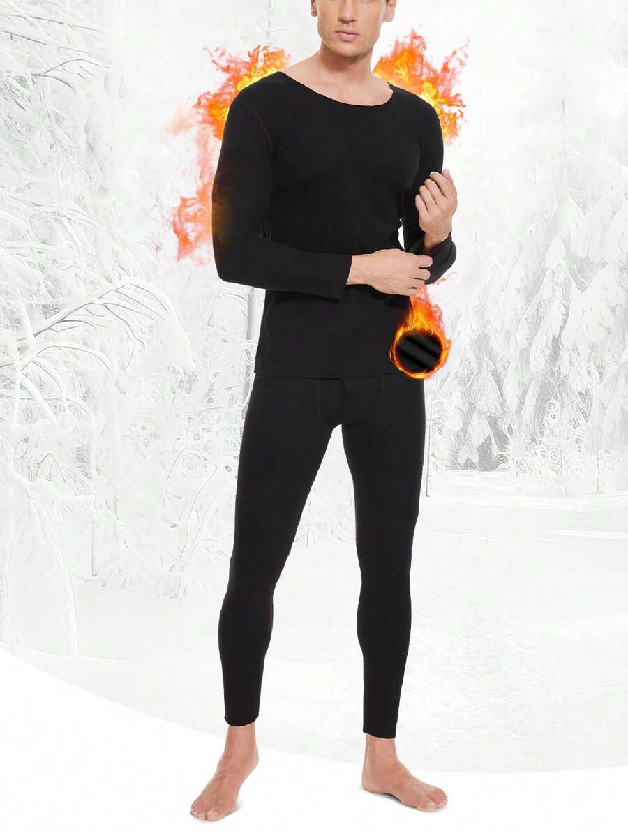 Men's Solid Color Thermal Underwear Set, Inner Fleece Thermal Underwear Ultra Light Top Bottom Long Sleeved Underwear Winter Skiing Underwear