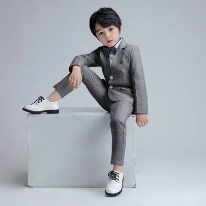 3 件套年轻男孩格子西装外套、裤子和蝴蝶结，适合宴会、婚礼和学校表演等正式场合，秋季