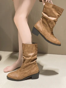 Giày bốt nữ màu nâu, giày bốt cổ cao, giày bốt thời trang mũi nhọn dành cho nữ, giày bốt cao bồi PU trơn đa năng thoải mái - màu nâu - Xem 3