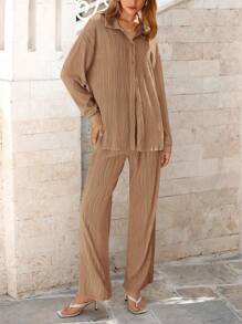 Women's Autumn Two-Piece Textured Casual Button-Down Shirt Wide Leg Trousers Casual Sportswear - 卡其色 - 查看 3