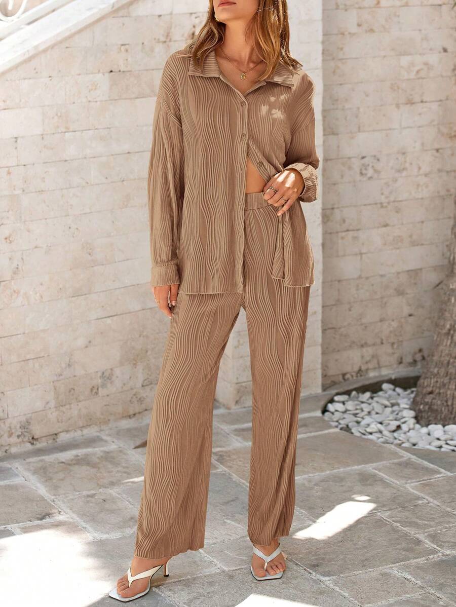 Women's Autumn Two-Piece Textured Casual Button-Down Shirt Wide Leg Trousers Casual Sportswear - 卡其色 - 查看 1