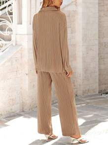 Women's Autumn Two-Piece Textured Casual Button-Down Shirt Wide Leg Trousers Casual Sportswear - 卡其色 - 查看 6