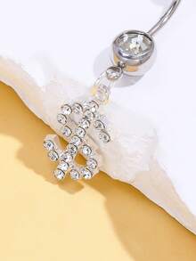 1 件夜店风格银色闪亮水钻美元 USD 字符吊坠肚脐钉适合辣妹、女性日常佩戴抗过敏不锈钢穿刺肚脐配件 - 彩色 - 查看 5