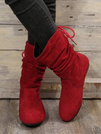 Fashion Match Sweater,Women's Tie-Up Fashion Boots, Retro Ruched Slip-On Warm Flat Boots For Keeping Warm