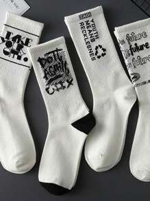Multiple Pairs Grunge Punk Unisex Letter & Striped Pattern Crew Socks, Soft & Comfortable, Moisture-Wicking, Fashionable & Fun Crew Socks, Suitable For Mother's Day, Autumn, Fall