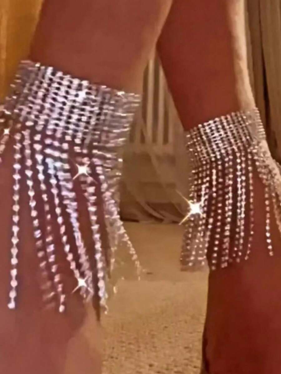 1 chiếc lắc chân tua rua đính đá lấp lánh sang trọng, thích hợp cho phụ nữ đi dự tiệc, hộp đêm, phụ kiện trang phục vũ hội - Bạc - Xem 1