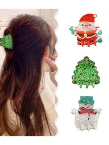 1 kẹp tóc trang trí Giáng sinh - Kẹp tóc lấp lánh dễ thương hình ông già Noel, cây thông Noel, người tuyết, lớp hoàn thiện mờ, tuyệt vời cho vẻ ngoài ngày lễ, tiệc tùng - Nhiều màu - Xem 1