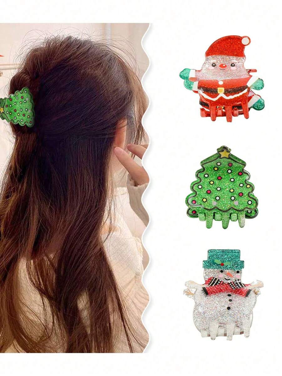 1 kẹp tóc trang trí Giáng sinh - Kẹp tóc lấp lánh dễ thương hình ông già Noel, cây thông Noel, người tuyết, lớp hoàn thiện mờ, tuyệt vời cho vẻ ngoài ngày lễ, tiệc tùng - Nhiều màu - Xem 1