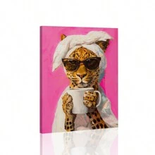 1 pieza Póster de lienzo, con marco de madera sólida, arte de pared imprimible, pintura de aceite minimalista de un leopardo bebiendo café, comedor de dopamina, póster colorido y elegante de cocina, póster de mañana vívida - Multicolor - Ver 7