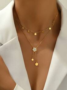 1 chiếc vòng cổ thép không gỉ đính đá hoa tua rua hai lớp thời trang, trang phục công sở thanh lịch và phụ kiện vest - Vàng - Xem 6