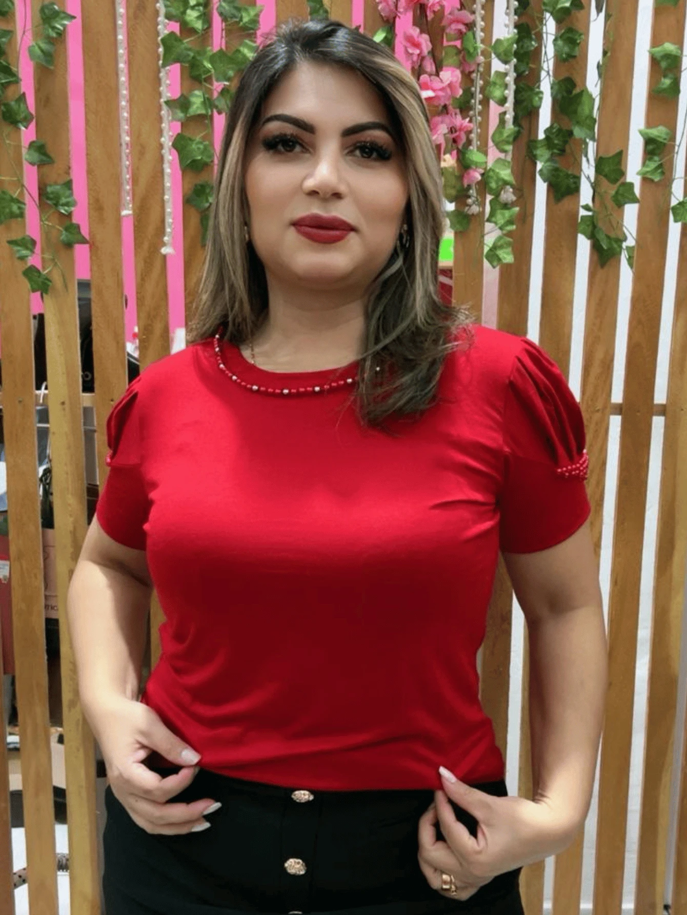 Women's Casual Viscolycra Blouse With Puff Sleeves And Rhinestone Appliques - 紅色 - 查看 1