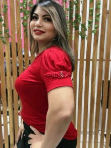 Women's Casual Viscolycra Blouse With Puff Sleeves And Rhinestone Appliques - 紅色 - 查看 2