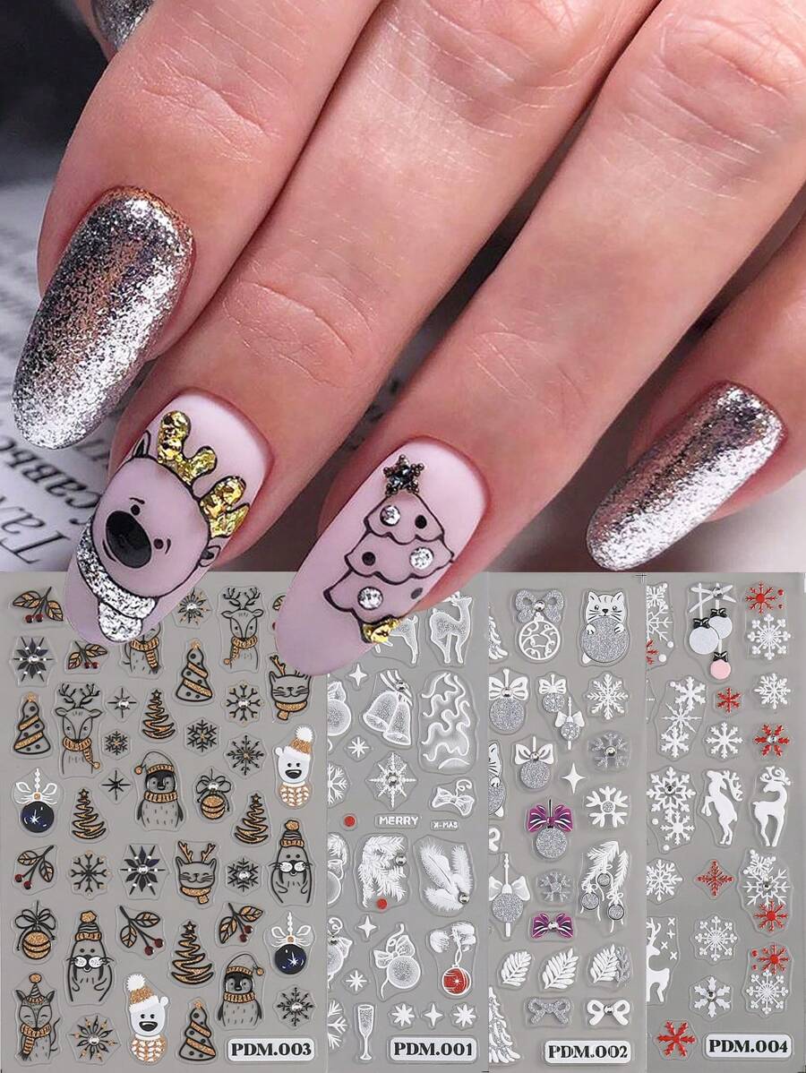 4 张闪光 5D 冬季圣诞指甲贴纸白银金色麋鹿企鹅猫铃铛雪花蝴蝶结灯球圣诞树条纹线 DIY 指甲装饰 - 彩色 - 查看 1