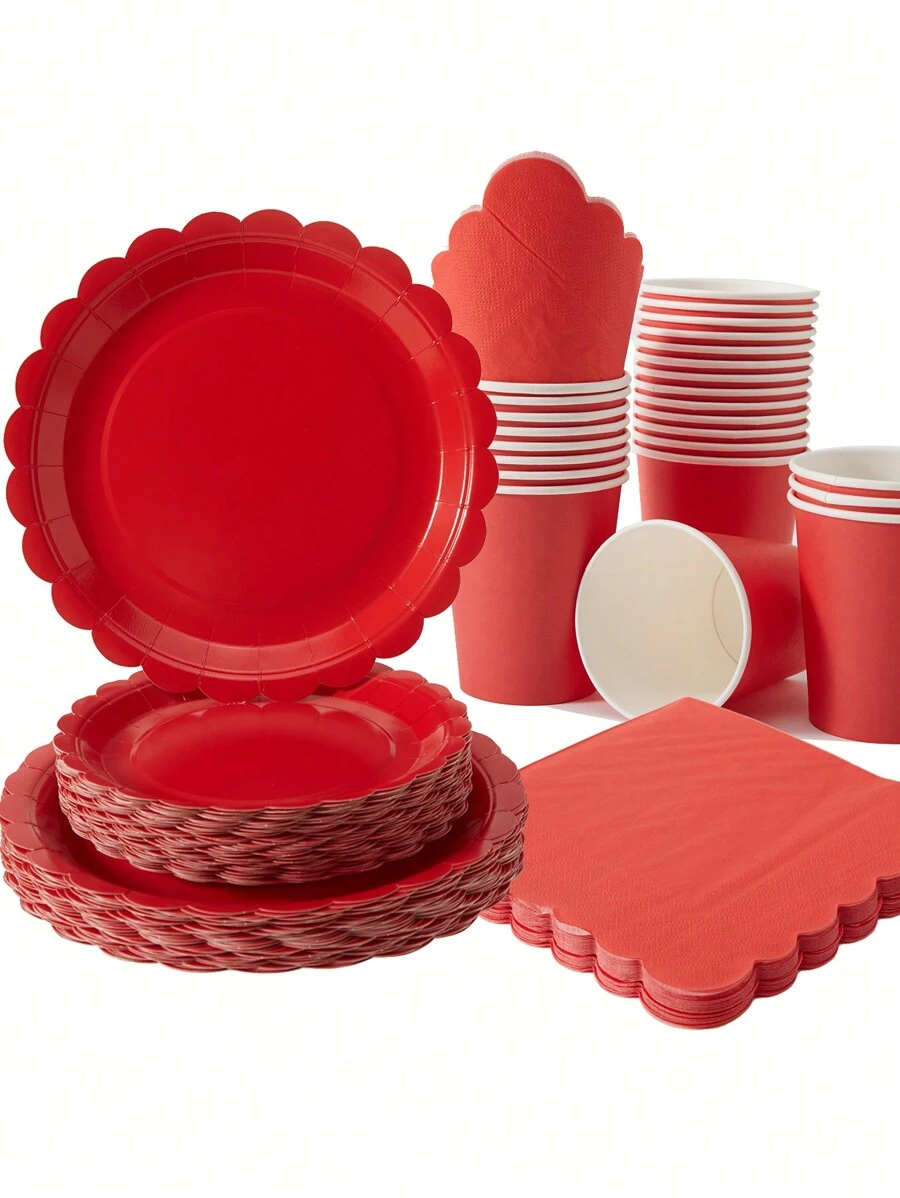 Big Red Petals 一次性餐盘、餐巾和纸杯套装，Big Red Petals 餐盘、餐巾和纸杯派对用品，可供 25 位客人使用，一次性纸盘派对餐具，适用于生日婚礼派对家庭野餐 - 紅色 - 查看 1