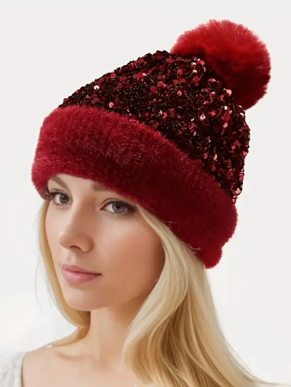 1pc Sparkly Cute Soft Chenille Glitter Knit Hat For Women, Warm Solid Color Hat With Detachable Pom Pom, Fashion Autumn/Winter Headwear Valentine's Day Valentines
