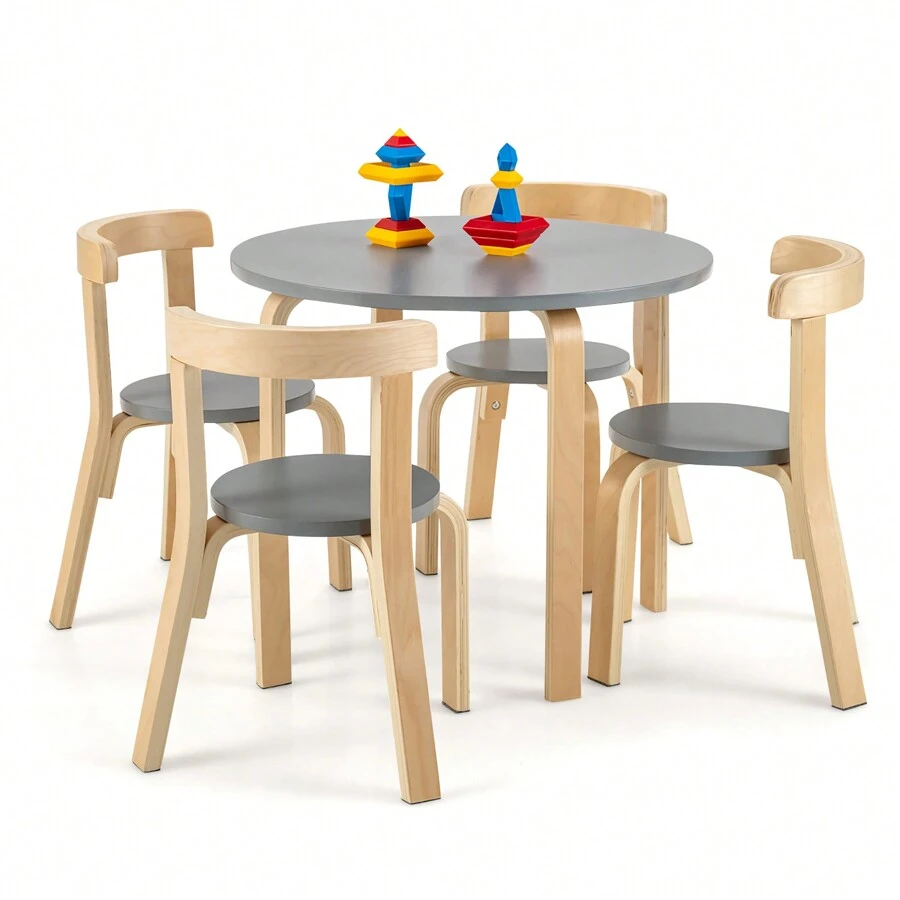 5-Piece Kids Wooden Curved Back Activity Table & Chair Set - Xám - Xem 1