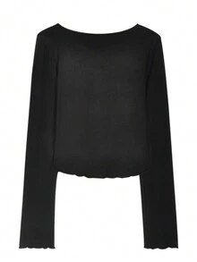 纯色圆领修身休闲女式 T 恤，带假纽扣，长袖春/秋 - 黑色 - 查看 6