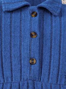 Tuta da neonata casual, elegante e carina, leggera, con colletto a costine, singolo bottone, forma svasata, colore tinta unita, manica lunga - Blu Navy - Visualizzare 4