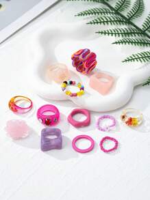 13pcs/Set Pink Series Asymmetrical & Multi-Element Rings Delicate & Elegant Party Rings For Women, Handmade Assorted Color, Mother's Day Gift, Partially Open Ring Design